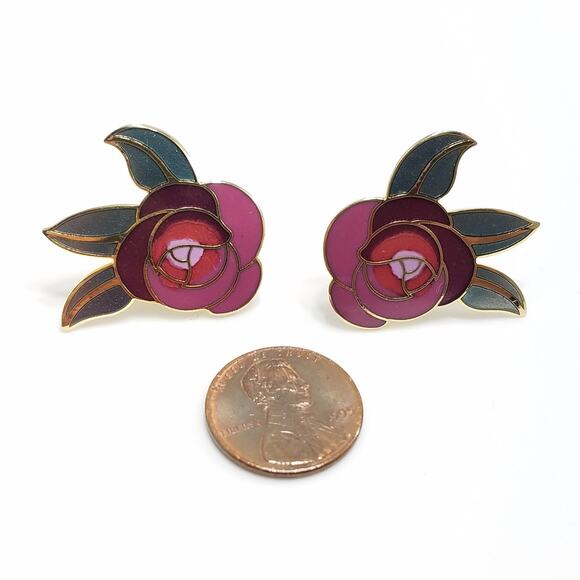 Vintage Laurel Burch "Deco Rose" Earrings, Gold Cloisonne Posts, Gold Plated - Picture 9 of 10